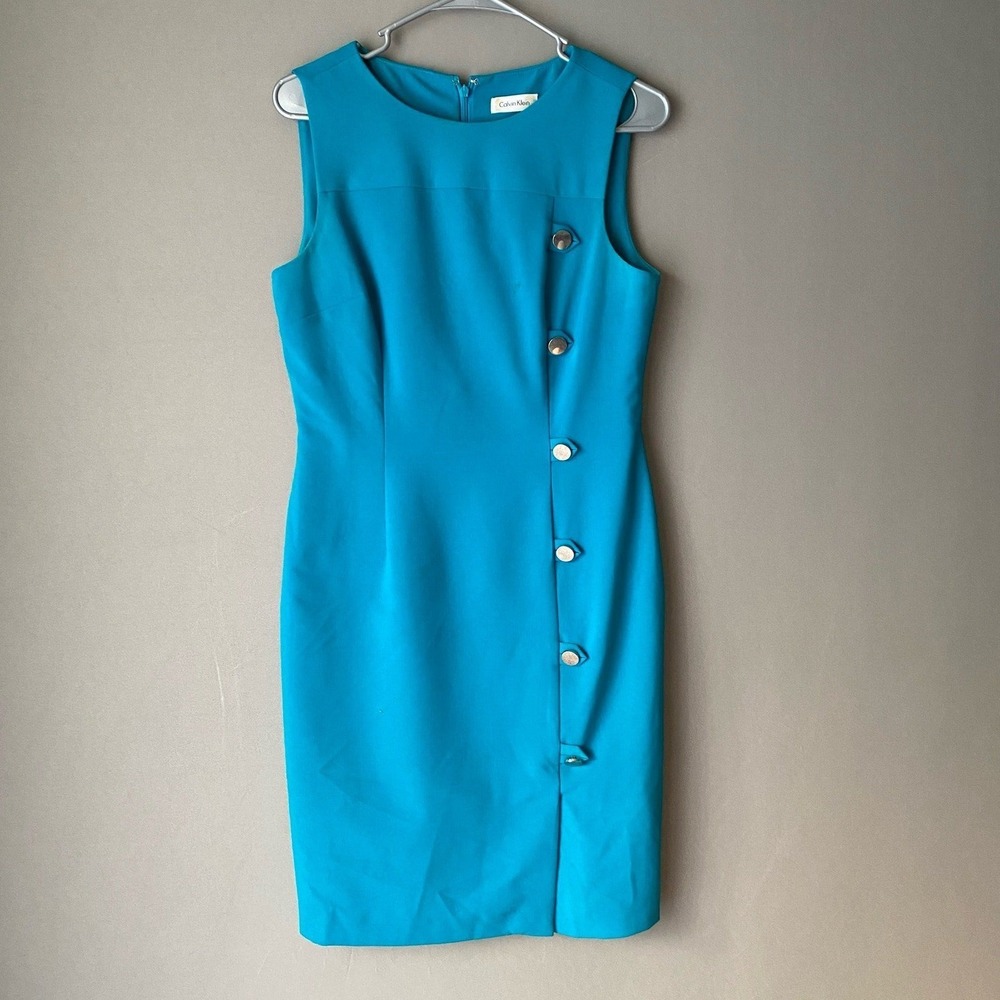 Calvin Klein 10 Blue Sleeveless Sheath‎ Dress Button Career Office Siren Mobwife